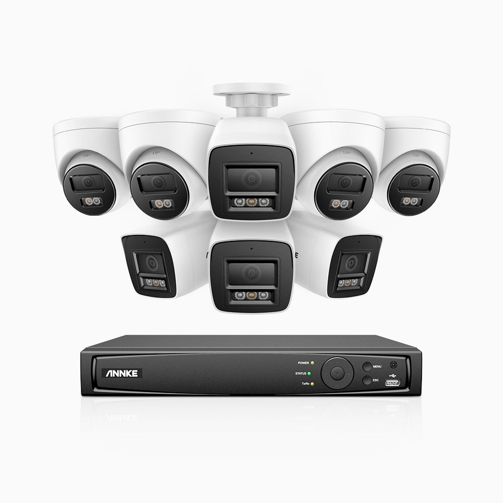 H1200 - 4K 12MP 8 Kanal PoE Überwachungskamera-Set mit 4 Bullet Kameras & 4 Turm Kameras, Farbe & IR Nachtsicht, Erkennung von Menschen & Fahrzeugen, H.265+, Eingebautes Mikrofon, Max. 512 GB lokaler Speicher, IP67