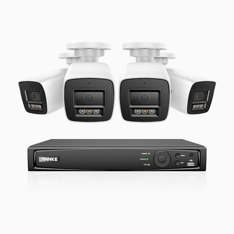 H1200 - 4K 12MP 8 Kanal PoE Überwachungskamera-Set mit 4 Kameras, Farbe & IR Nachtsicht, Erkennung von Menschen & Fahrzeugen, H.265+, Eingebautes Mikrofon, Max. 512 GB lokaler Speicher, IP67