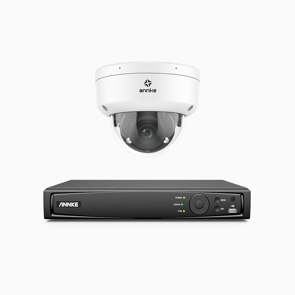 AZH800 - 4K 8 Kanal PoE Dome Überwachungskamera-Set mit 1 Kamera, 4X Optischer Zoom, 2,8-12 MM motorisiertes Varifokalobjektiv, Intelligente Zwei Lichtern Nachtsicht, Bewegungserkennung 2.0, Eingebautes Mikrophon, Alarmierung mit sirene und blitzlicht