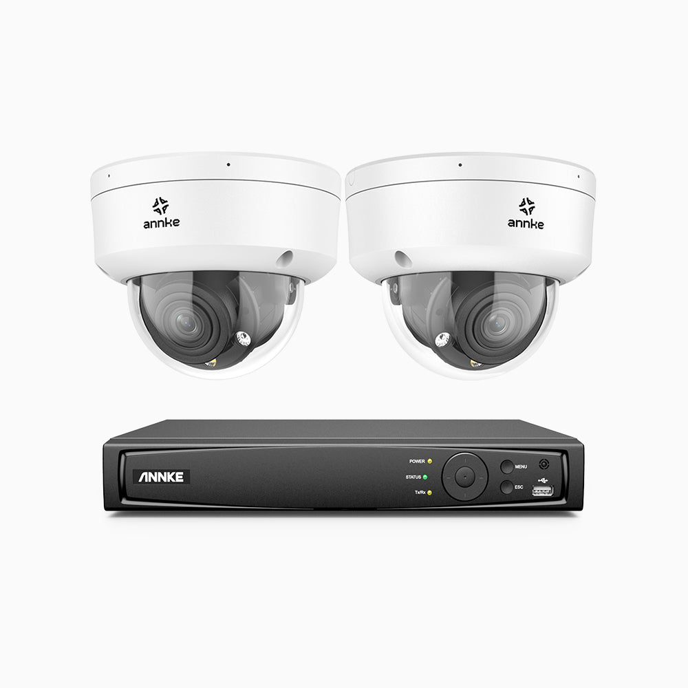 AZH800 - 4K 8 Kanal PoE Dome Überwachungskamera-Set mit 2 Kameras, 4X Optischer Zoom, 2,8-12 MM motorisiertes Varifokalobjektiv, Intelligente Zwei Lichtern Nachtsicht, Bewegungserkennung 2.0, Eingebautes Mikrophon, Alarmierung mit sirene und blitzlicht