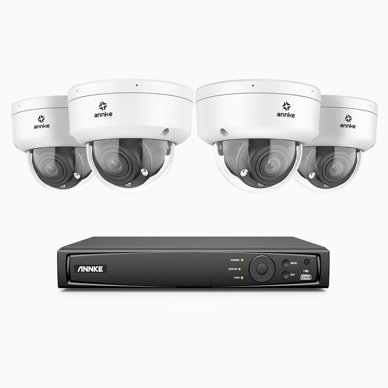 AZH800 - 4K 8 Kanal PoE Dome Überwachungskamera-Set mit 4 Kameras, 4X Optischer Zoom, 2,8-12 MM motorisiertes Varifokalobjektiv, Intelligente Zwei Lichtern Nachtsicht, Bewegungserkennung 2.0, Eingebautes Mikrophon, Alarmierung mit sirene und blitzlicht