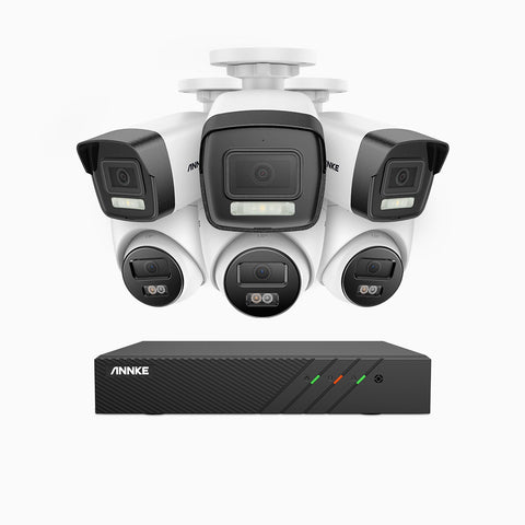 AH500 - 3K 8 Kanal PoE Überwachungskamera-Set mit 3 Bullet Kameras & 3 Turm Kameras, Farbe & IR Nachtsicht, 3072*1728 Auflösung, f/1.6 Blende (0.005 Lux), Erkennung von Menschen und Fahrzeugen, Eingebautes Mikrofon, IP67