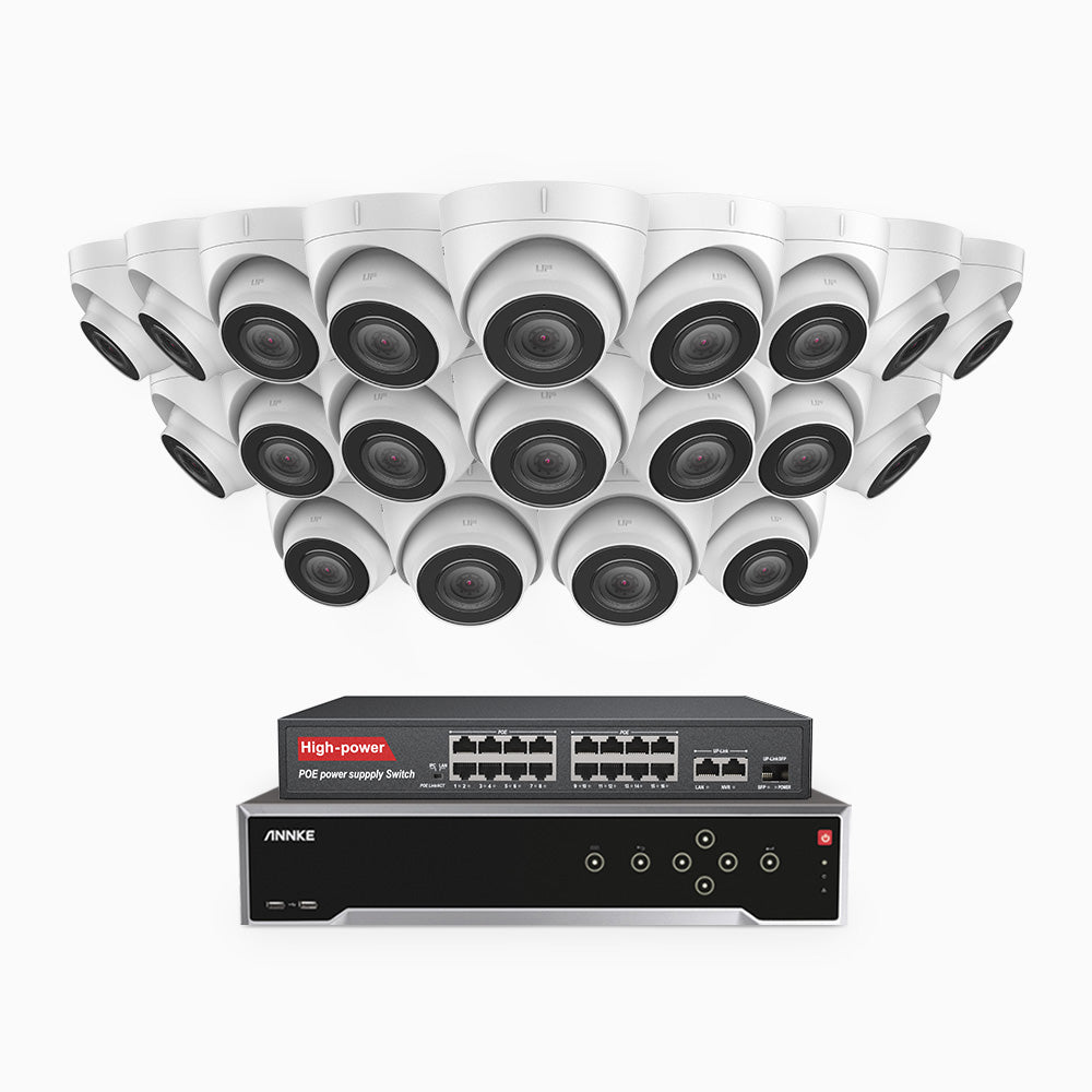 H500 - 3K 32 Kanal PoE Überwachungskamera-Set mit 20 Kameras, Eingebautes Mikrofon & SD-Kartensteckplatz, funktioniert mit Alexa, Inklusive 16-Port-PoE-Switch, EXIR Nachtsicht 2.0, IP67