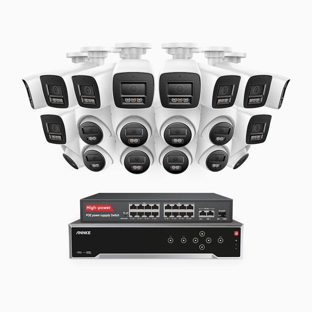 H800 - 4K 32 Kanal PoE Überwachungskamera-Set mit 10 Bullet Kameras & 10 Turm Kameras, Farbe & IR Nachtsicht, Personen- und Fahrzeugerkennung, Eingebautes Mikrofon, 96° Sichtfeld, Unterstützt RTSP, Inklusive 16-Port-PoE-Switch