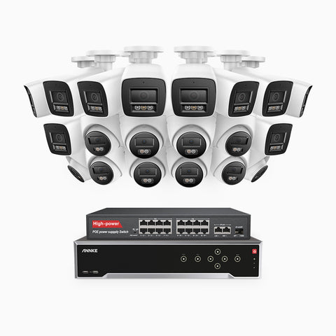 H800 - 4K 32 Kanal PoE Überwachungskamera-Set mit 10 Bullet Kameras & 10 Turm Kameras, Farbe & IR Nachtsicht, Personen- und Fahrzeugerkennung, Eingebautes Mikrofon, 96° Sichtfeld, Unterstützt RTSP und ONVIF, Inklusive 16-Port-PoE-Switch