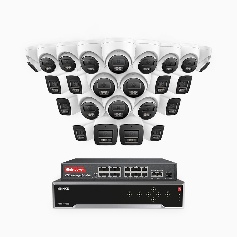 H800 - 4K 32 Kanal PoE Überwachungskamera-Set mit 10 Bullet Kameras & 14 Turm Kameras, Farbe & IR Nachtsicht, Personen- und Fahrzeugerkennung, Eingebautes Mikrofon, 96° Sichtfeld, Unterstützt RTSP, Inklusive 16-Port-PoE-Switch