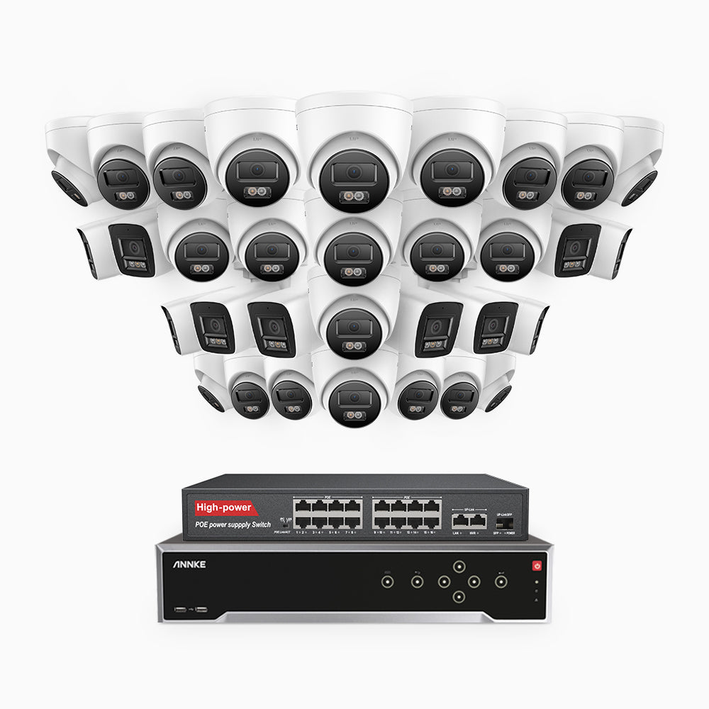 H800 - 4K 32 Kanal PoE Überwachungskamera-Set mit 10 Bullet Kameras & 22 Turm Kameras, Farbe & IR Nachtsicht, Personen- und Fahrzeugerkennung, Eingebautes Mikrofon, 96° Sichtfeld, Unterstützt RTSP, Inklusive 16-Port-PoE-Switch