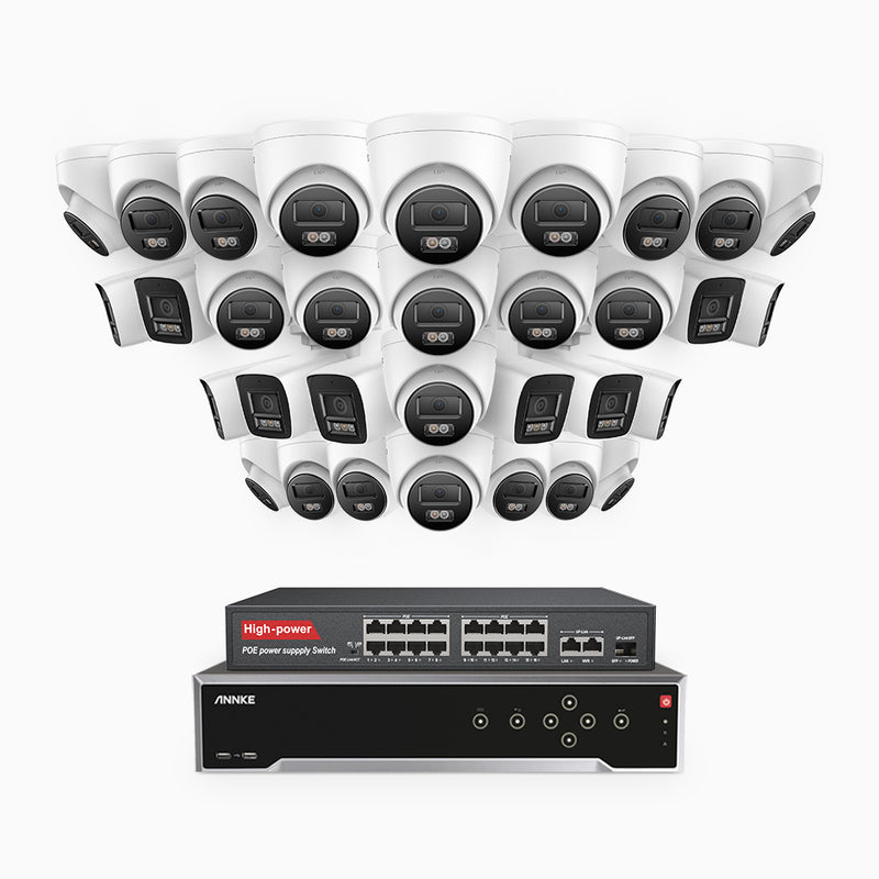 H800 - 4K 32 Kanal PoE Überwachungskamera-Set mit 10 Bullet Kameras & 22 Turm Kameras, Farbe & IR Nachtsicht, Personen- und Fahrzeugerkennung, Eingebautes Mikrofon, 96° Sichtfeld, Unterstützt RTSP und ONVIF, Inklusive 16-Port-PoE-Switch
