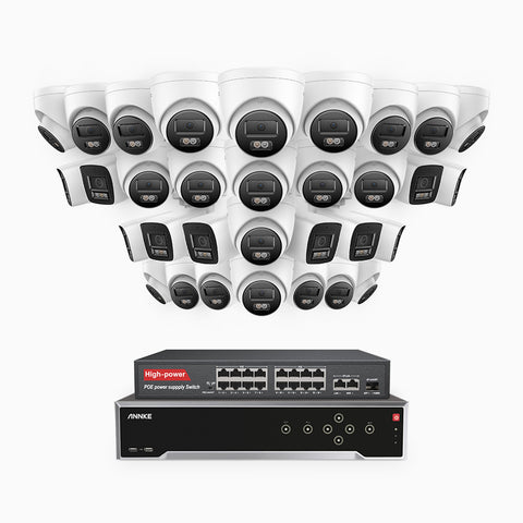 H800 - 4K 32 Kanal PoE Überwachungskamera-Set mit 10 Bullet Kameras & 22 Turm Kameras, Farbe & IR Nachtsicht, Personen- und Fahrzeugerkennung, Eingebautes Mikrofon, 96° Sichtfeld, Unterstützt RTSP und ONVIF, Inklusive 16-Port-PoE-Switch