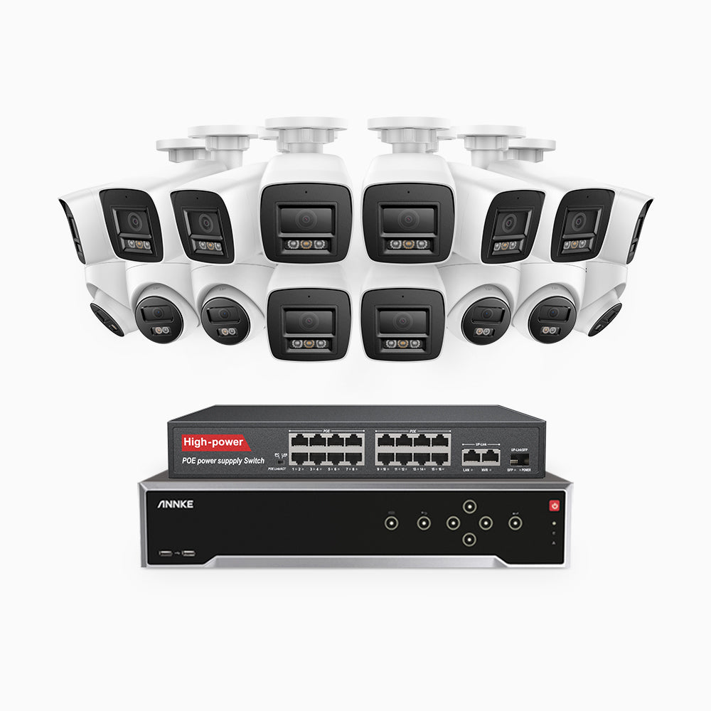 H800 - 4K 32 Kanal PoE Überwachungskamera-Set mit 10 Bullet Kameras & 6 Turm Kameras, Farbe & IR Nachtsicht, Personen- und Fahrzeugerkennung, Eingebautes Mikrofon, 96° Sichtfeld, Unterstützt RTSP, Inklusive 16-Port-PoE-Switch