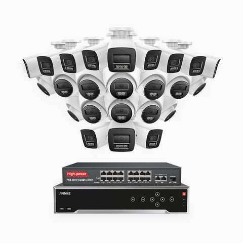 H800 - 4K 32 Kanal PoE Überwachungskamera-Set mit 12 Bullet Kameras & 12 Turm Kameras, Farbe & IR Nachtsicht, Personen- und Fahrzeugerkennung, Eingebautes Mikrofon, 96° Sichtfeld, Unterstützt RTSP und ONVIF, Inklusive 16-Port-PoE-Switch