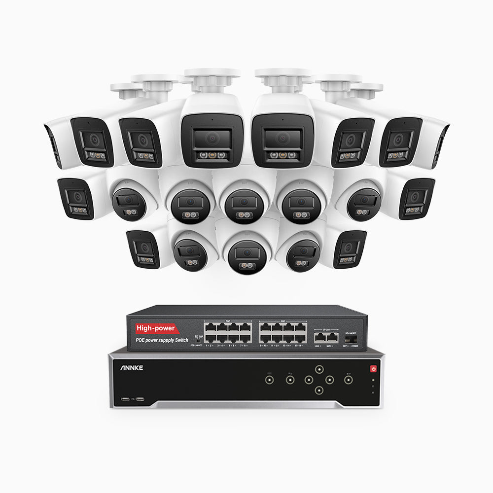 H800 - 4K 32 Kanal PoE Überwachungskamera-Set mit 12 Bullet Kameras & 8 Turm Kameras, Farbe & IR Nachtsicht, Personen- und Fahrzeugerkennung, Eingebautes Mikrofon, 96° Sichtfeld, Unterstützt RTSP, Inklusive 16-Port-PoE-Switch