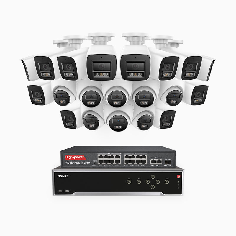 H800 - 4K 32 Kanal PoE Überwachungskamera-Set mit 12 Bullet Kameras & 8 Turm Kameras, Farbe & IR Nachtsicht, Personen- und Fahrzeugerkennung, Eingebautes Mikrofon, 96° Sichtfeld, Unterstützt RTSP und ONVIF, Inklusive 16-Port-PoE-Switch