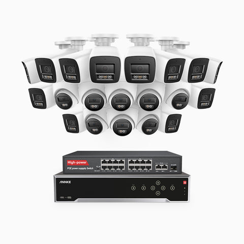 H800 - 4K 32 Kanal PoE Überwachungskamera-Set mit 12 Bullet Kameras & 8 Turm Kameras, Farbe & IR Nachtsicht, Personen- und Fahrzeugerkennung, Eingebautes Mikrofon, 96° Sichtfeld, Unterstützt RTSP und ONVIF, Inklusive 16-Port-PoE-Switch