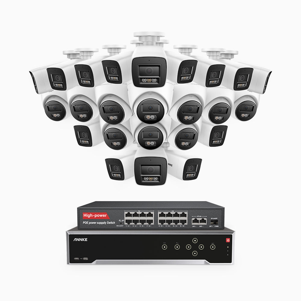 H800 - 4K 32 Kanal PoE Überwachungskamera-Set mit 14 Bullet Kameras & 10 Turm Kameras, Farbe & IR Nachtsicht, Personen- und Fahrzeugerkennung, Eingebautes Mikrofon, 96° Sichtfeld, Unterstützt RTSP, Inklusive 16-Port-PoE-Switch