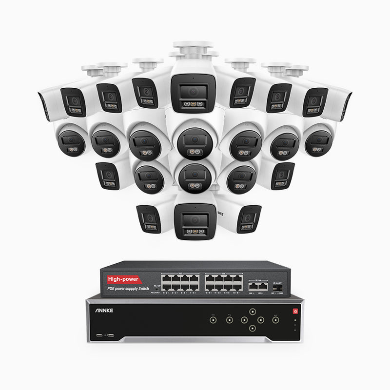 H800 - 4K 32 Kanal PoE Überwachungskamera-Set mit 14 Bullet Kameras & 10 Turm Kameras, Farbe & IR Nachtsicht, Personen- und Fahrzeugerkennung, Eingebautes Mikrofon, 96° Sichtfeld, Unterstützt RTSP und ONVIF, Inklusive 16-Port-PoE-Switch
