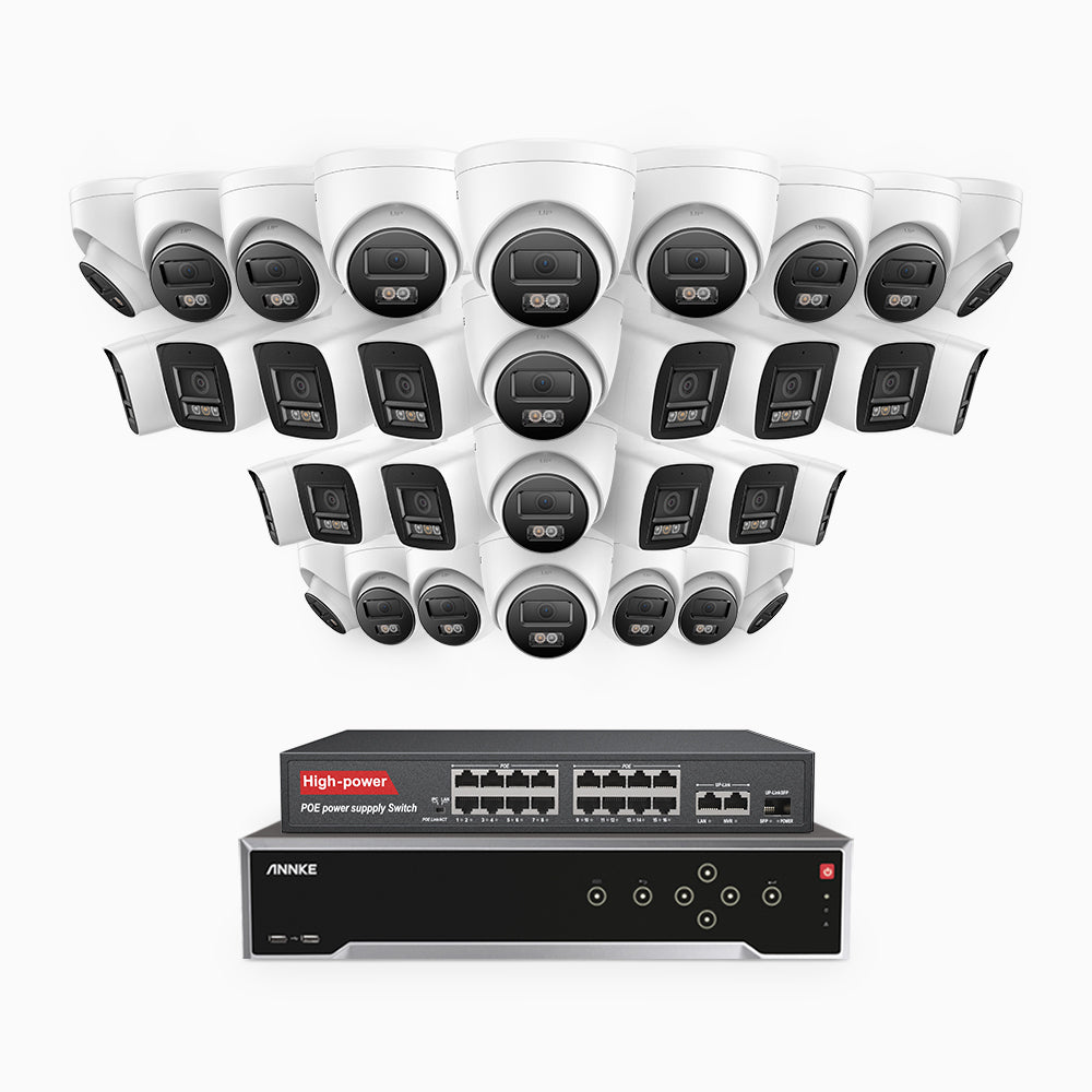 H800 - 4K 32 Kanal PoE Überwachungskamera-Set mit 14 Bullet Kameras & 18 Turm Kameras, Farbe & IR Nachtsicht, Personen- und Fahrzeugerkennung, Eingebautes Mikrofon, 96° Sichtfeld, Unterstützt RTSP, Inklusive 16-Port-PoE-Switch