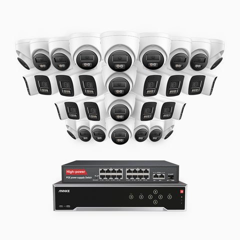 H800 - 4K 32 Kanal PoE Überwachungskamera-Set mit 14 Bullet Kameras & 18 Turm Kameras, Farbe & IR Nachtsicht, Personen- und Fahrzeugerkennung, Eingebautes Mikrofon, 96° Sichtfeld, Unterstützt RTSP und ONVIF, Inklusive 16-Port-PoE-Switch