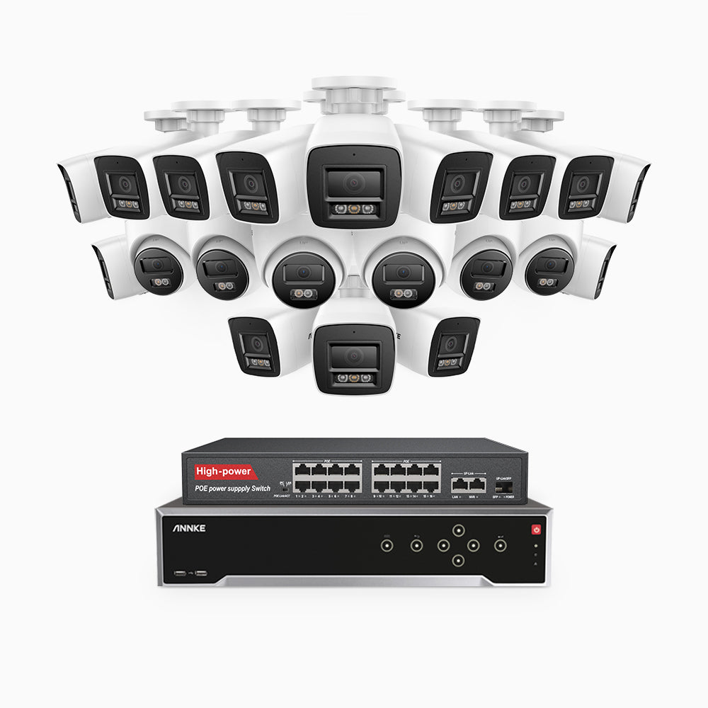 H800 - 4K 32 Kanal PoE Überwachungskamera-Set mit 14 Bullet Kameras & 6 Turm Kameras, Farbe & IR Nachtsicht, Personen- und Fahrzeugerkennung, Eingebautes Mikrofon, 96° Sichtfeld, Unterstützt RTSP, Inklusive 16-Port-PoE-Switch