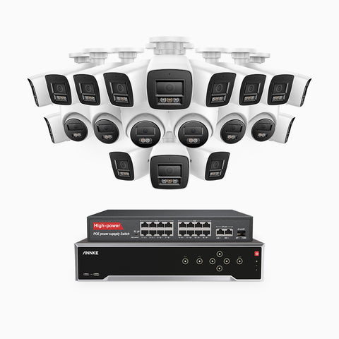 H800 - 4K 32 Kanal PoE Überwachungskamera-Set mit 14 Bullet Kameras & 6 Turm Kameras, Farbe & IR Nachtsicht, Personen- und Fahrzeugerkennung, Eingebautes Mikrofon, 96° Sichtfeld, Unterstützt RTSP und ONVIF, Inklusive 16-Port-PoE-Switch