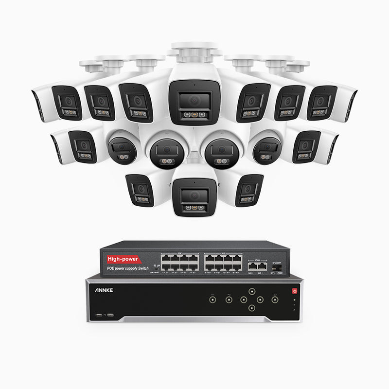 H800 - 4K 32 Kanal PoE Überwachungskamera-Set mit 16 Bullet Kameras & 4 Turm Kameras, Farbe & IR Nachtsicht, Personen- und Fahrzeugerkennung, Eingebautes Mikrofon, 96° Sichtfeld, Unterstützt RTSP und ONVIF, Inklusive 16-Port-PoE-Switch