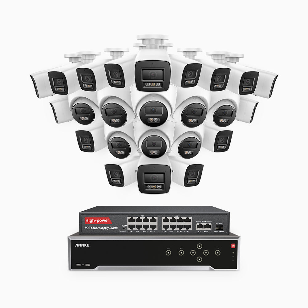 H800 - 4K 32 Kanal PoE Überwachungskamera-Set mit 16 Bullet Kameras & 8 Turm Kameras, Farbe & IR Nachtsicht, Personen- und Fahrzeugerkennung, Eingebautes Mikrofon, 96° Sichtfeld, Unterstützt RTSP, Inklusive 16-Port-PoE-Switch