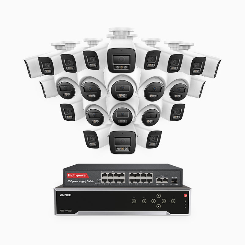 H800 - 4K 32 Kanal PoE Überwachungskamera-Set mit 16 Bullet Kameras & 8 Turm Kameras, Farbe & IR Nachtsicht, Personen- und Fahrzeugerkennung, Eingebautes Mikrofon, 96° Sichtfeld, Unterstützt RTSP und ONVIF, Inklusive 16-Port-PoE-Switch