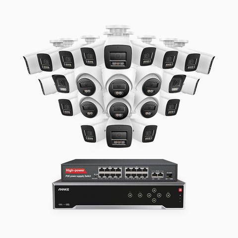 H800 - 4K 32 Kanal PoE Überwachungskamera-Set mit 18 Bullet Kameras & 6 Turm Kameras, Farbe & IR Nachtsicht, Personen- und Fahrzeugerkennung, Eingebautes Mikrofon, 96° Sichtfeld, Unterstützt RTSP und ONVIF, Inklusive 16-Port-PoE-Switch