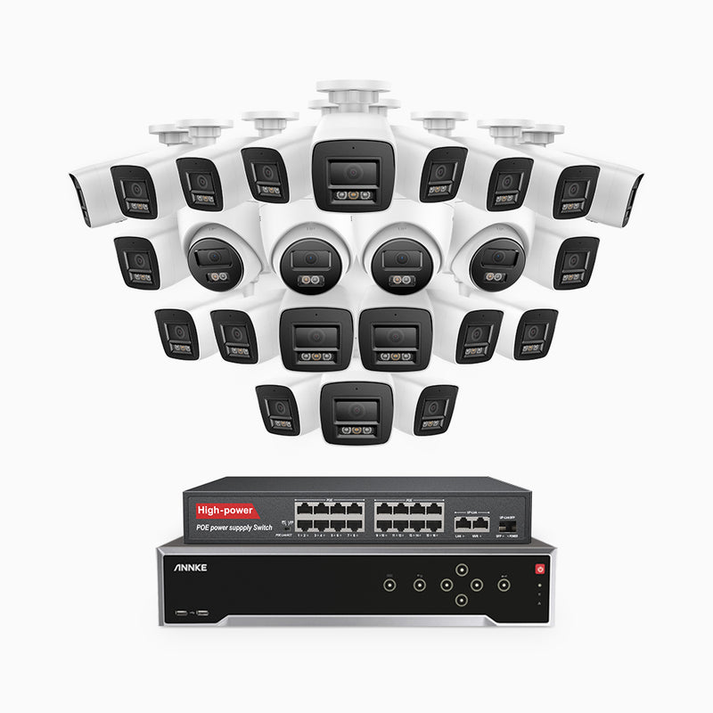 H800 - 4K 32 Kanal PoE Überwachungskamera-Set mit 20 Bullet Kameras & 4 Turm Kameras, Farbe & IR Nachtsicht, Personen- und Fahrzeugerkennung, Eingebautes Mikrofon, 96° Sichtfeld, Unterstützt RTSP und ONVIF, Inklusive 16-Port-PoE-Switch