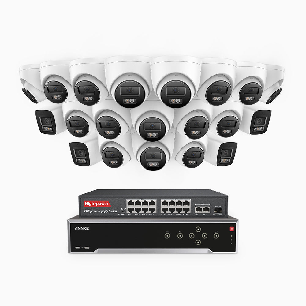 H800 - 4K 32 Kanal PoE Überwachungskamera-Set mit 4 Bullet Kameras & 16 Turm Kameras, Farbe & IR Nachtsicht, Personen- und Fahrzeugerkennung, Eingebautes Mikrofon, 96° Sichtfeld, Unterstützt RTSP, Inklusive 16-Port-PoE-Switch