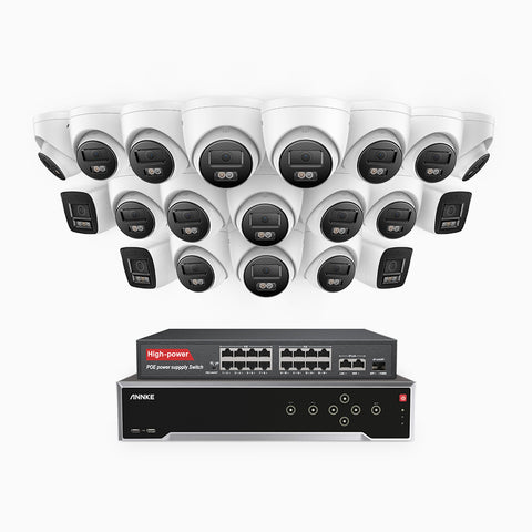 H800 - 4K 32 Kanal PoE Überwachungskamera-Set mit 4 Bullet Kameras & 16 Turm Kameras, Farbe & IR Nachtsicht, Personen- und Fahrzeugerkennung, Eingebautes Mikrofon, 96° Sichtfeld, Unterstützt RTSP und ONVIF, Inklusive 16-Port-PoE-Switch