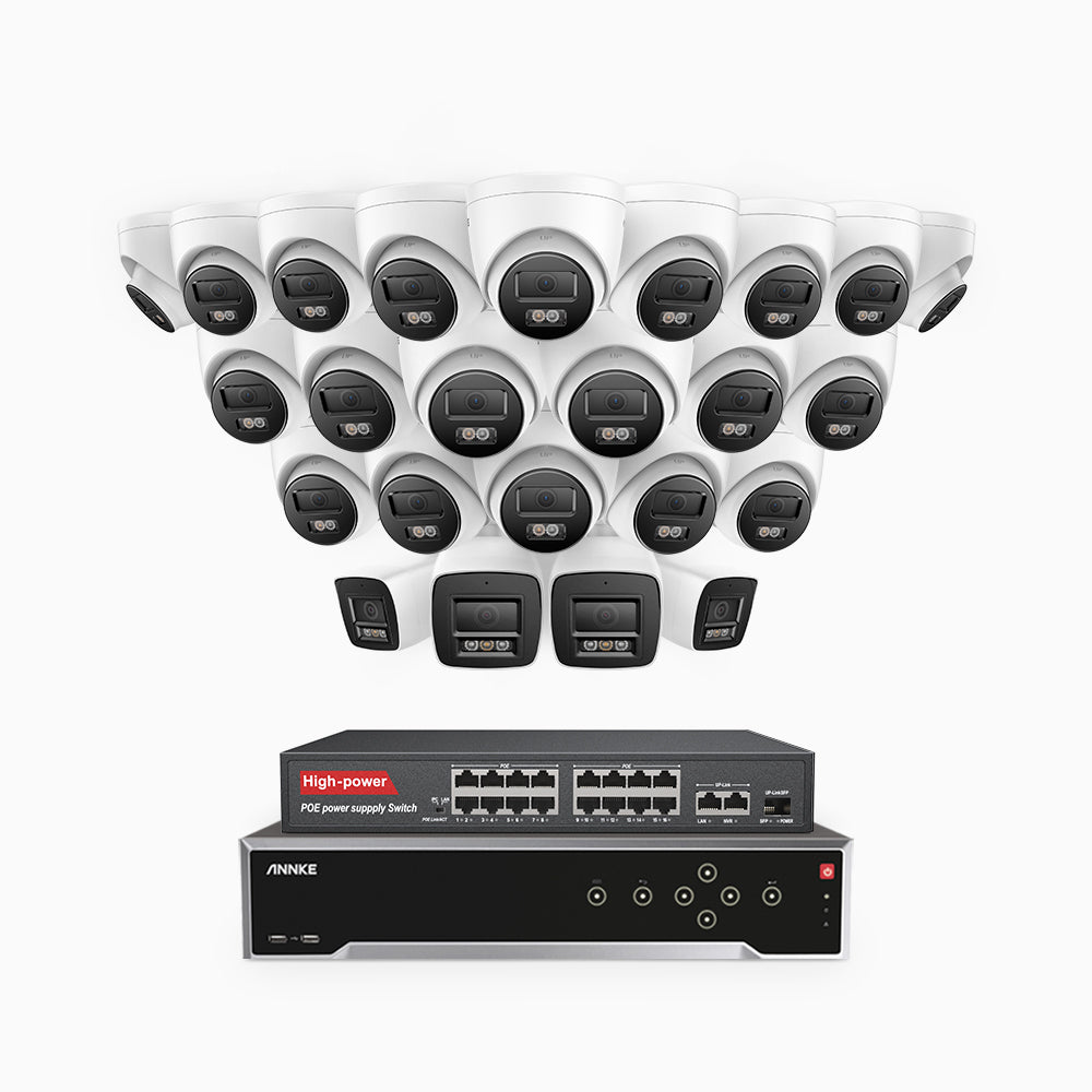 H800 - 4K 32 Kanal PoE Überwachungskamera-Set mit 4 Bullet Kameras & 20 Turm Kameras, Farbe & IR Nachtsicht, Personen- und Fahrzeugerkennung, Eingebautes Mikrofon, 96° Sichtfeld, Unterstützt RTSP, Inklusive 16-Port-PoE-Switch