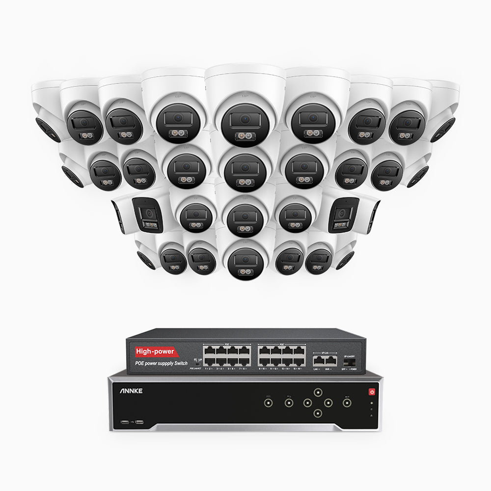 H800 - 4K 32 Kanal PoE Überwachungskamera-Set mit 4 Bullet Kameras & 28 Turm Kameras, Farbe & IR Nachtsicht, Personen- und Fahrzeugerkennung, Eingebautes Mikrofon, 96° Sichtfeld, Unterstützt RTSP, Inklusive 16-Port-PoE-Switch