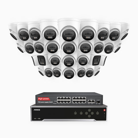 H800 - 4K 32 Kanal PoE Überwachungskamera-Set mit 4 Bullet Kameras & 28 Turm Kameras, Farbe & IR Nachtsicht, Personen- und Fahrzeugerkennung, Eingebautes Mikrofon, 96° Sichtfeld, Unterstützt RTSP und ONVIF, Inklusive 16-Port-PoE-Switch