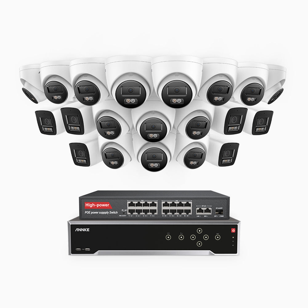 H800 - 4K 32 Kanal PoE Überwachungskamera-Set mit 6 Bullet Kameras & 14 Turm Kameras, Farbe & IR Nachtsicht, Personen- und Fahrzeugerkennung, Eingebautes Mikrofon, 96° Sichtfeld, Unterstützt RTSP, Inklusive 16-Port-PoE-Switch