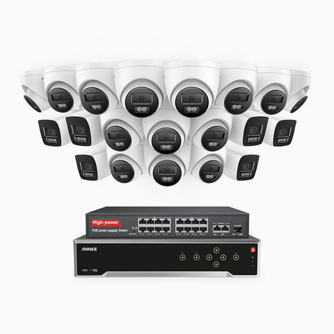 H800 - 4K 32 Kanal PoE Überwachungskamera-Set mit 6 Bullet Kameras & 14 Turm Kameras, Farbe & IR Nachtsicht, Personen- und Fahrzeugerkennung, Eingebautes Mikrofon, 96° Sichtfeld, Unterstützt RTSP und ONVIF, Inklusive 16-Port-PoE-Switch