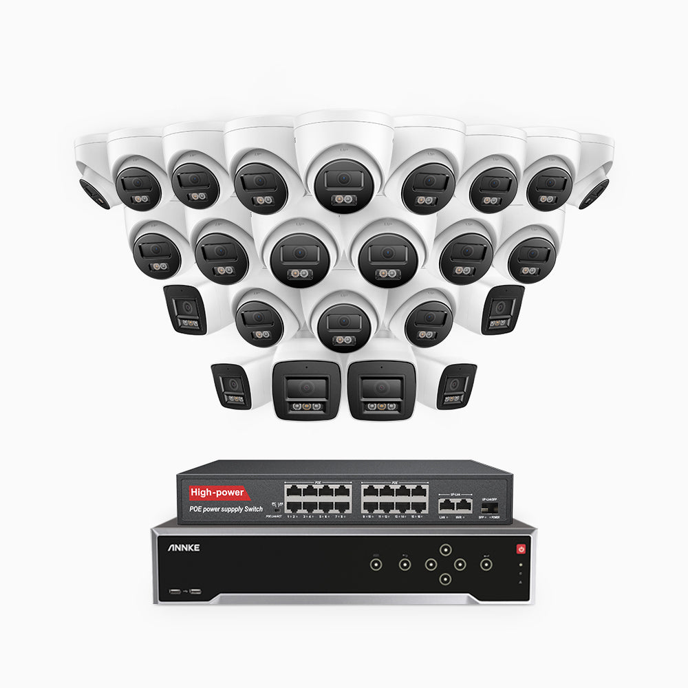 H800 - 4K 32 Kanal PoE Überwachungskamera-Set mit 6 Bullet Kameras & 18 Turm Kameras, Farbe & IR Nachtsicht, Personen- und Fahrzeugerkennung, Eingebautes Mikrofon, 96° Sichtfeld, Unterstützt RTSP, Inklusive 16-Port-PoE-Switch