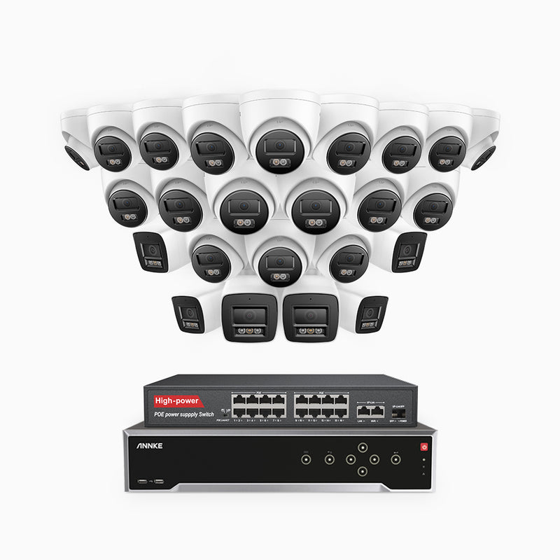 H800 - 4K 32 Kanal PoE Überwachungskamera-Set mit 6 Bullet Kameras & 18 Turm Kameras, Farbe & IR Nachtsicht, Personen- und Fahrzeugerkennung, Eingebautes Mikrofon, 96° Sichtfeld, Unterstützt RTSP und ONVIF, Inklusive 16-Port-PoE-Switch