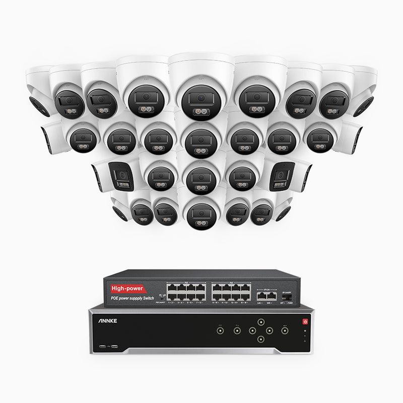 H800 - 4K 32 Kanal PoE Überwachungskamera-Set mit 6 Bullet Kameras & 26 Turm Kameras, Farbe & IR Nachtsicht, Personen- und Fahrzeugerkennung, Eingebautes Mikrofon, 96° Sichtfeld, Unterstützt RTSP und ONVIF, Inklusive 16-Port-PoE-Switch