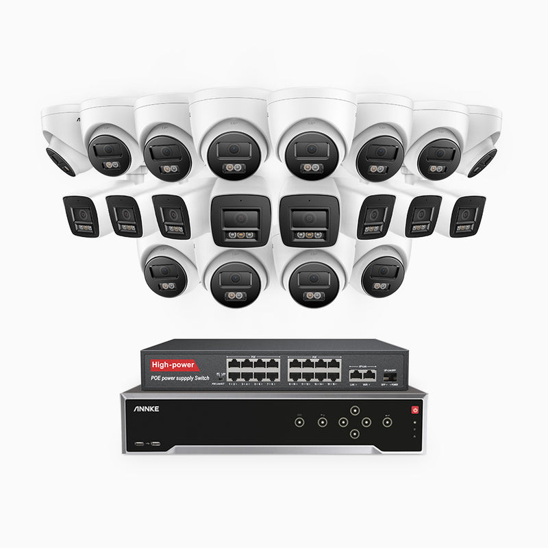 H800 - 4K 32 Kanal PoE Überwachungskamera-Set mit 8 Bullet Kameras & 12 Turm Kameras, Farbe & IR Nachtsicht, Personen- und Fahrzeugerkennung, Eingebautes Mikrofon, 96° Sichtfeld, Unterstützt RTSP und ONVIF, Inklusive 16-Port-PoE-Switch