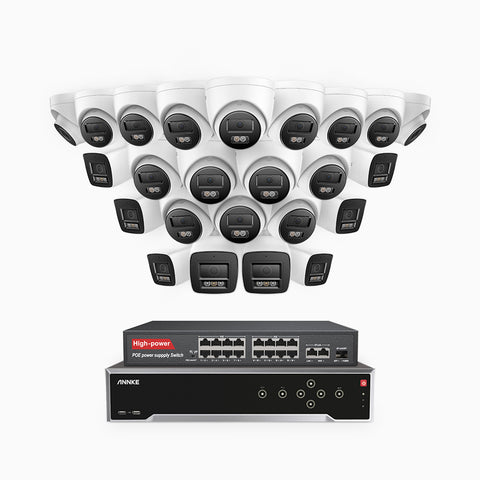 H800 - 4K 32 Kanal PoE Überwachungskamera-Set mit 8 Bullet Kameras & 16 Turm Kameras, Farbe & IR Nachtsicht, Personen- und Fahrzeugerkennung, Eingebautes Mikrofon, 96° Sichtfeld, Unterstützt RTSP und ONVIF, Inklusive 16-Port-PoE-Switch