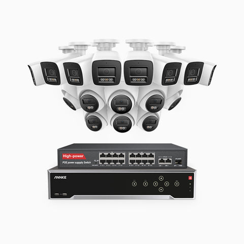 H800 - 4K 32 Kanal PoE Überwachungskamera-Set mit 8 Bullet Kameras & 8 Turm Kameras, Farbe & IR Nachtsicht, Personen- und Fahrzeugerkennung, Eingebautes Mikrofon, 96° Sichtfeld, Unterstützt RTSP und ONVIF, Inklusive 16-Port-PoE-Switch