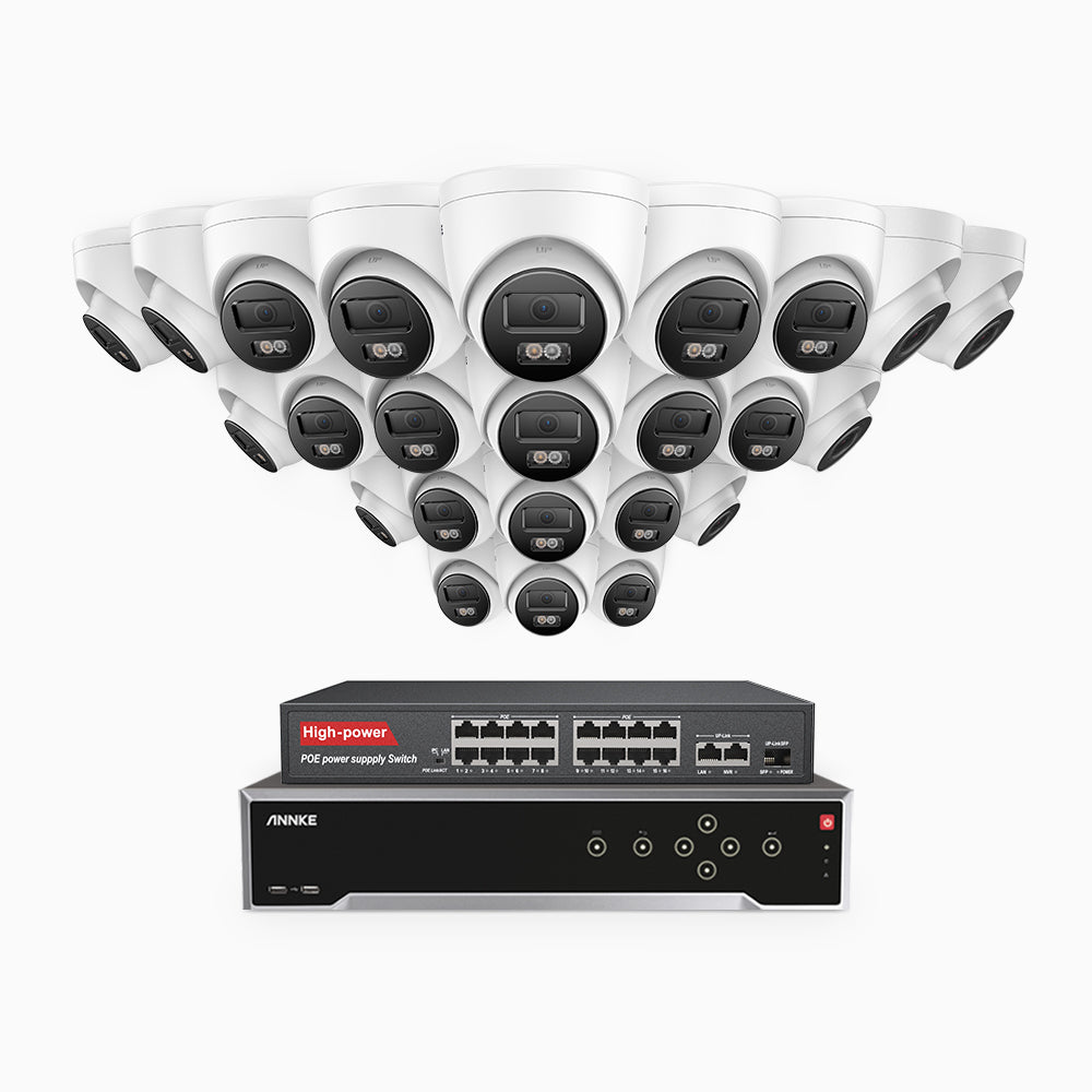 H800 - 4K 32 Kanal PoE Überwachungskamera-Set mit 24 Kameras, Farbe & IR Nachtsicht, Personen- und Fahrzeugerkennung, 96° Sichtfeld, Eingebautes Mikrofon, Unterstützt RTSP, Inklusive 16-Port-PoE-Switch