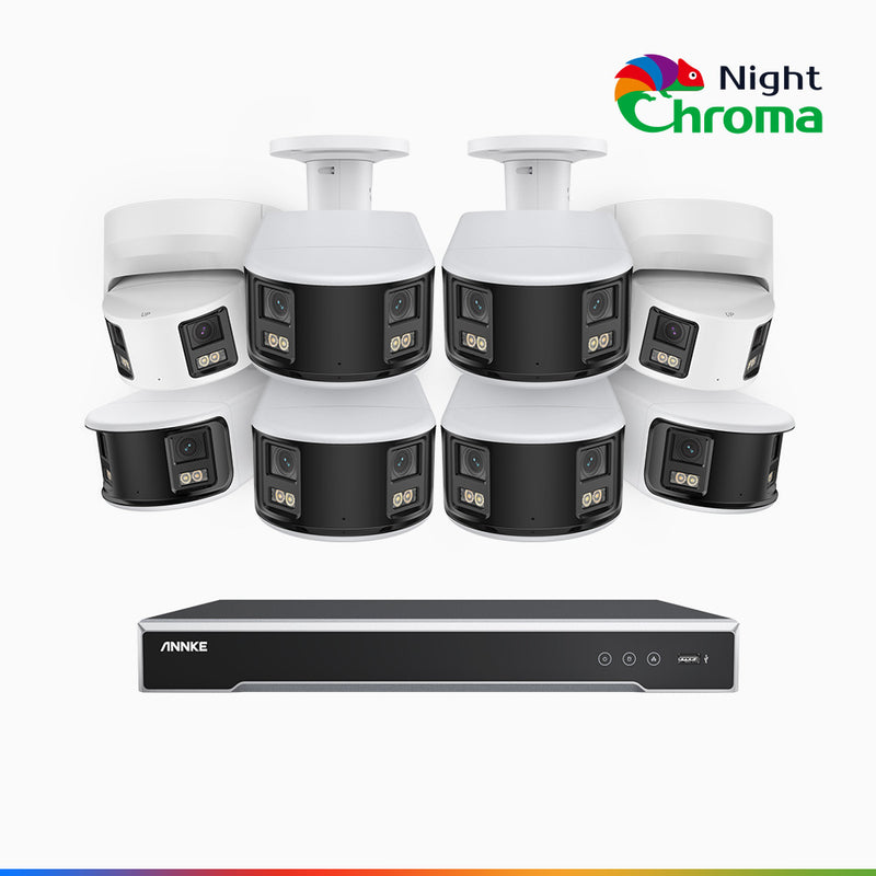 NightChroma<sup>TM</sup> NDK800 - 4K 16 Kanal PoE Panorama Überwachungskamera-Set mit 6 Bullet Kameras & 2 Turm Kameras, Doppelobjektiv, Farbnachtsicht, mit f/1.0 Super Aperture (0,0005 Lux), aktiver Sirene und Blitz, Personen-und Fahrzeugerkennung