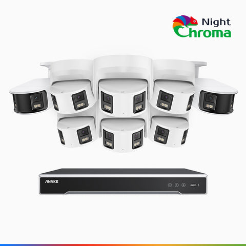 NightChroma<sup>TM</sup> NDK800 - 4K 16 Kanal PoE Panorama Überwachungskamera-Set mit 2 Bullet Kameras & 6 Turm Kameras, Doppelobjektiv, Farbnachtsicht, mit f/1.0 Super Aperture (0,0005 Lux), aktiver Sirene und Blitz, Personen-und Fahrzeugerkennung