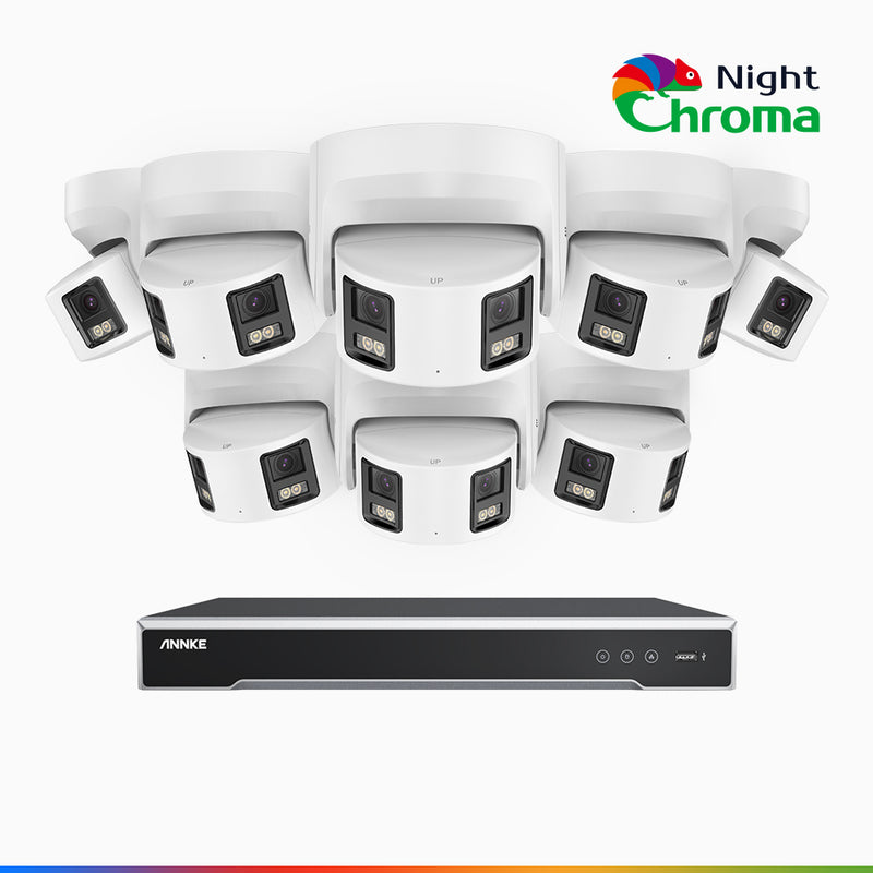 NightChroma<sup>TM</sup> NDK800 - 4K 16 Kanal PoE Panorama Überwachungskamera-Set mit 8 Kameras, Doppelobjektiv, Farbnachtsicht, mit f/1.0 Super Aperture (0,0005 Lux), aktiver Sirene und Blitz, Personen-und Fahrzeugerkennung