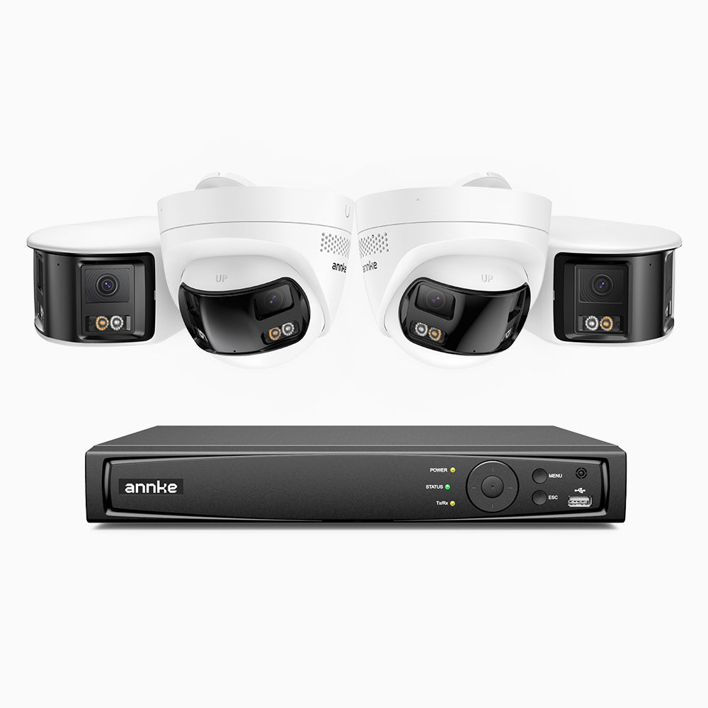 FDH800 - 4K 8 Kanal PoE Panorama Überwachungskamera-Set mit 2 Bullet Kameras & 2 Turm Kameras, zwei Objektiven, 180° Ultraweitwinkel, intelligenter Dual-Licht-Nachtsicht, Zwei-Wege-Audio, aktivem Sirenenton & Alarm, Personen- & Fahrzeugerkennung, IP67