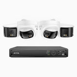 FDH800 - 4K 8 Kanal PoE Panorama Überwachungskamera-Set mit 2 Bullet Kameras & 2 Turm Kameras, zwei Objektiven, 180° Ultraweitwinkel, intelligenter Dual-Licht-Nachtsicht, Zwei-Wege-Audio, aktivem Sirenenton & Alarm, Personen- & Fahrzeugerkennung, IP67