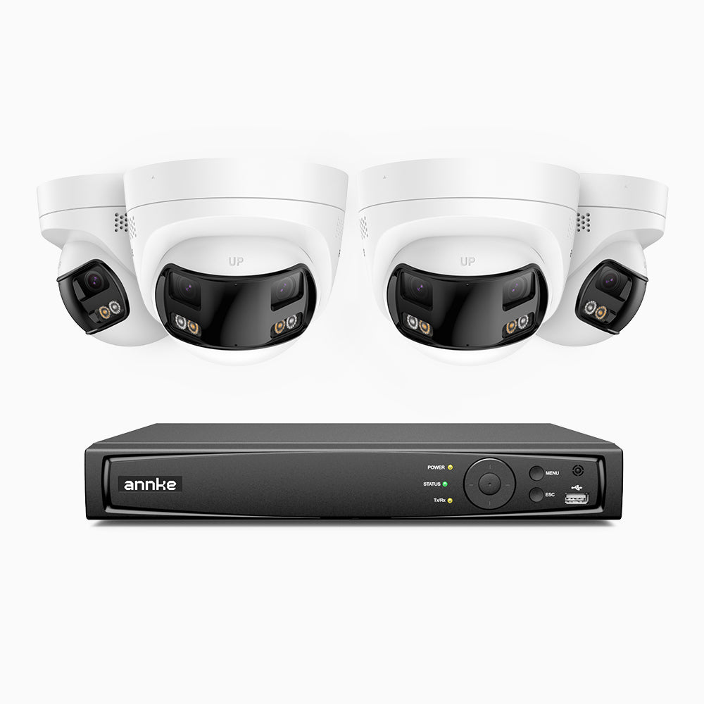FDH800 - 4K 8 Kanal PoE Panorama Überwachungskamera-Set mit 4 Kameras, zwei Objektiven, 180° Ultraweitwinkel, intelligenter Dual-Licht-Nachtsicht, Zwei-Wege-Audio, aktivem Sirenenton & Alarm, Personen- & Fahrzeugerkennung, IP67