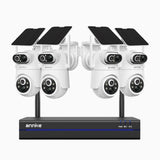 WBS400P - 4MP 8-Kanal Funk Dual-Objektiv-Überwachungssystem Set mit 4 Kameras, 100 % kabellos, 9000-mAh-Akku & Solarbetrieb, 350° Schwenken & 90° Neigen, PIR-Personenerkennung, Zwei-Wege-Audio